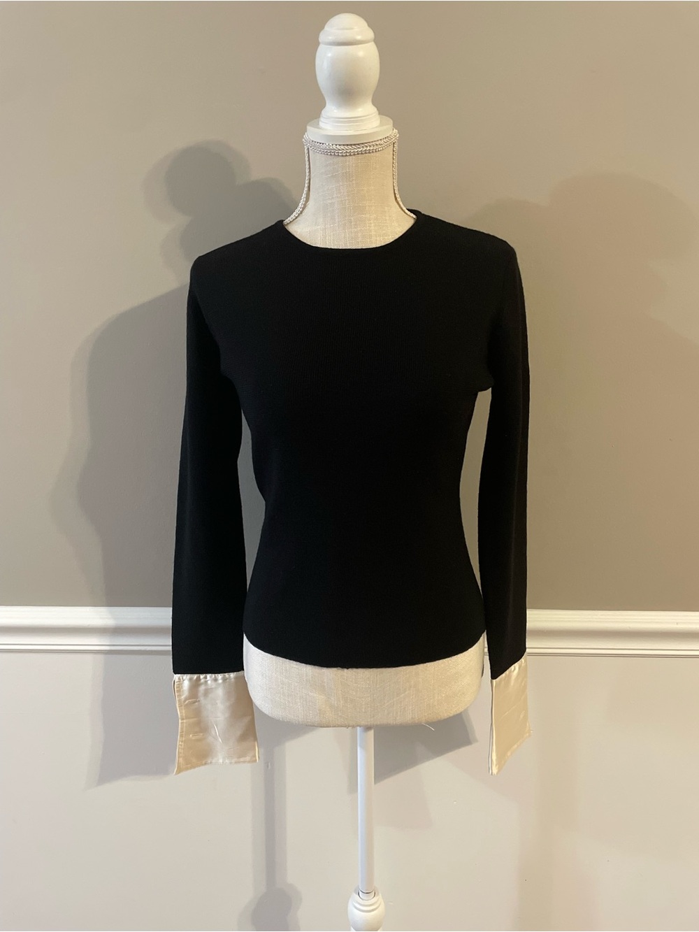 International Concepts Long-Sleeve Wool Top | Ivory Cuff Detail | Size Small